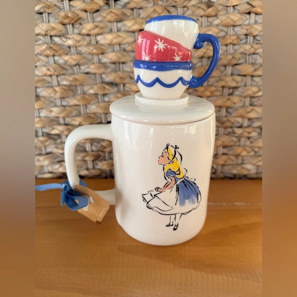 NWT Rae Dunn Disney MAD TEA PARTY Double Sided Alice In Wonderland TOPPER Mug